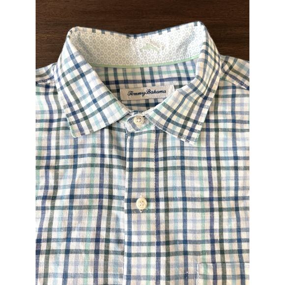 Tommy Bahama Shirt Mens Medium Blue Plaid Linen Sorona Long Sleeve Button Down - Picture 1 of 8